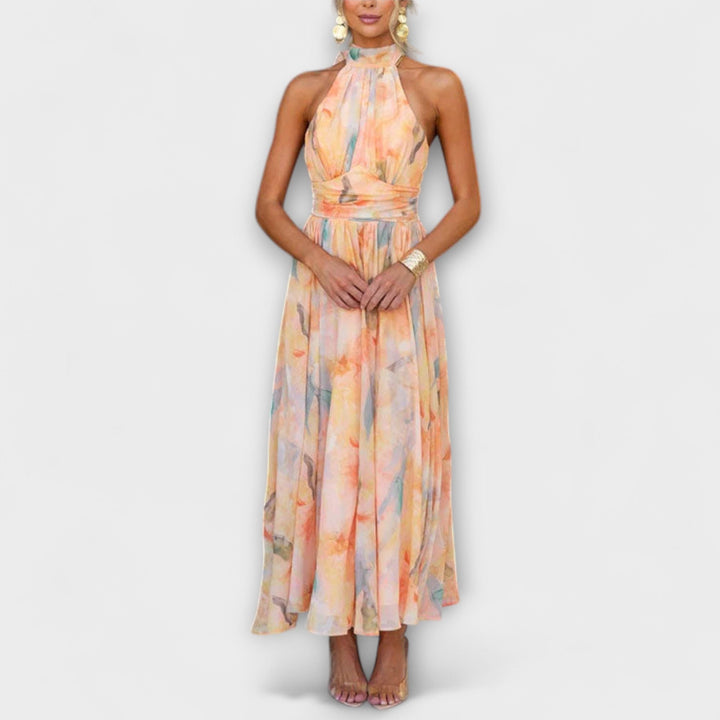 Hillary | Halter-neck Watercolor Print Maxi Dress