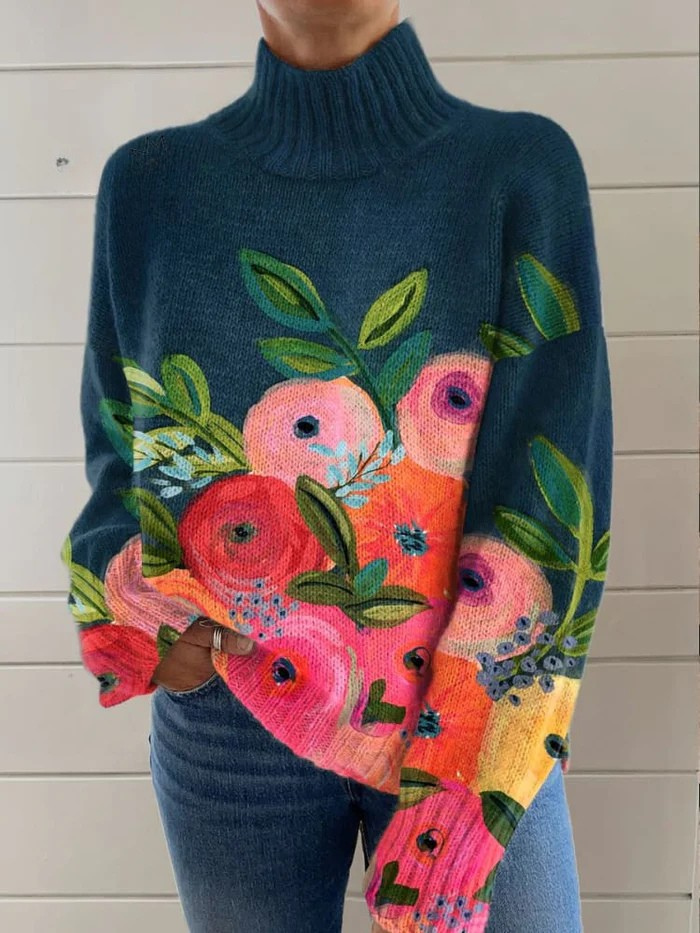 Tanya™ - Stylish jumper with a retro floral pattern and an elegant turtleneck