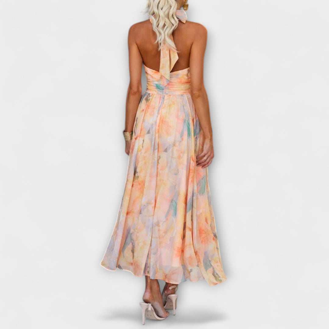 Hillary | Halter-neck Watercolor Print Maxi Dress