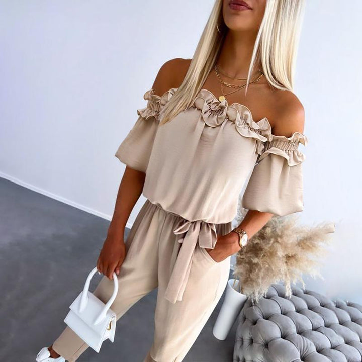 Irenee | Chic Off Shoulder Frill Tie-Waist Jumpsuit